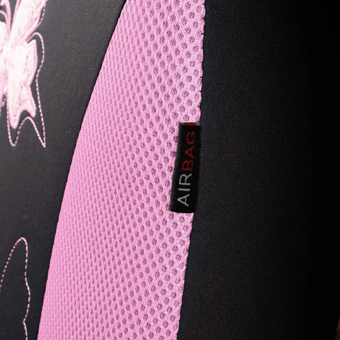 Close-up of pink mesh fabric and butterfly detail on Pink Lace Butterfly Car Seat Cover Set, airbag compatible, universal fit.