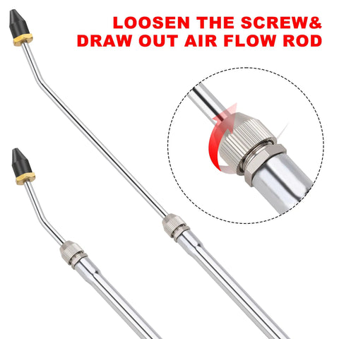 High Flow Industrial Air Blow Gun with Extensible 24 Inch Nozzle, showing adjustable screw mechanism for heavy duty use
