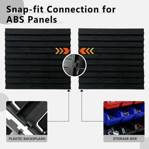 Wall Mounted Garage Storage Bin Kit 94 Piece Organization System With 32 Large Black Bins 30 Small Blue Bins 20 Small Red Bins 12 ABS Boards Mounting Hardware Space Saving 30.7 Inch Square Wall Grid For Nuts Bolts Small Parts showing ABS panel snap-fit connection.
