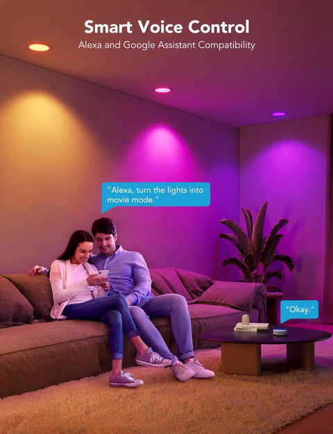 Couple using Govee Smart Recessed Lighting 4 Inch, LED Downlight 800 Lumen, 8 Pack in a cozy living room.