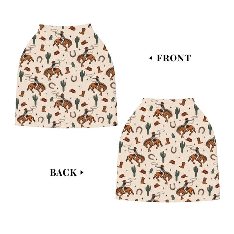 Western rodeo pattern skirt with horses and cacti, showing both front and back views on a beige background.