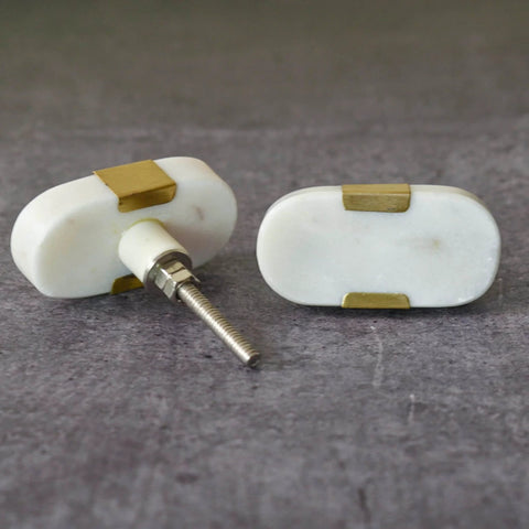 Oval Stone And Brass Knob Set For Drawers And Cabinets 1.5 Inch Natural Stone Knobs With Brass Mount Gold White Finish