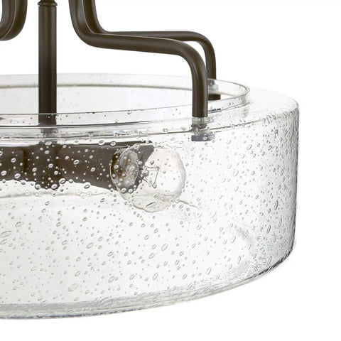 Close-up of Dope Farmhouse Semi Flush Mount Ceiling Light with Drum Seeded Glass Shade Four Lights Oil Rubbed Bronze Finish