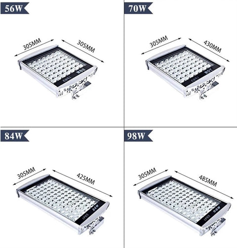 JUDYSSY Led Flood Light Ac100-265V Outdoor Floodlight Spotlight Ip65 Waterproo, showing 56W, 70W, 84W, and 98W models with dimensions.