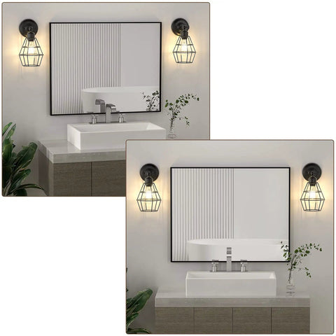 Industrial Wire Cage Wall Sconce Two Pack Vintage Farmhouse Lighting for bedroom and bathroom with mirror and sink