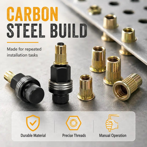 All Purpose 77 Piece Carbon Steel Hand Rivet Nut Tool Set For Quick Rivnut Installations Ideal For DIYers And Pros In Metalworking Pipe Fittings Includes Multiple Sizes For Sheet Metal And Tubing Rugged Manual Nut Setter Kit carbon steel rivet nuts and manual setter