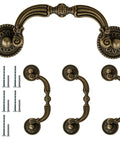 4 Pack Antique Bail Pull Handles With 3.5 Inch Hole Center For Cabinets And Dressers, shown with screws, in antique bronze finish.