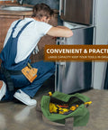 Technician using a wide mouth canvas tool bag with heavy duty build and large capacity organizer for wrenches and pliers, durable green tote for tools