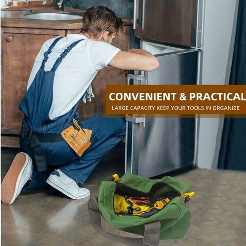 Technician using a wide mouth canvas tool bag with heavy duty build and large capacity organizer for wrenches and pliers, durable green tote for tools