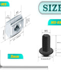 T-nut, screw, and wrench sizes from 2040 Aluminum Extrusion Connector Kit For 20x20mm Frames With 30 Black Corner Brackets 122 M5 T Nuts 122 Screws And 2 Wrenches For Fast Solid 90 Degree Builds