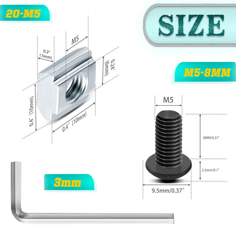 T-nut, screw, and wrench sizes from 2040 Aluminum Extrusion Connector Kit For 20x20mm Frames With 30 Black Corner Brackets 122 M5 T Nuts 122 Screws And 2 Wrenches For Fast Solid 90 Degree Builds