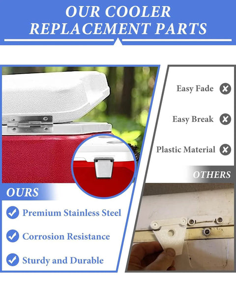 Cooler Hinges And Latch Replacement Kit For Igloo Coolers, showing stainless steel hinge and latch durability comparison.