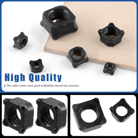 Badass Square Weld Nut Assortment 107 Pieces Covers M4 Through M14 Black Coarse Thread Carbon Steel tools for heavy duty jobs.