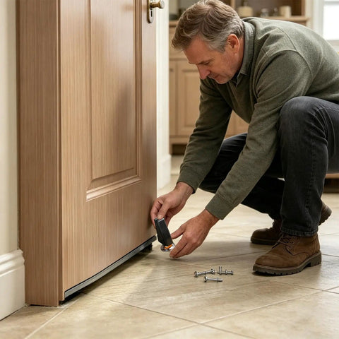 Man installing Kickass Heavy Duty Door Support Wheel Anti Sag Silent Roller for smooth closure on interior door.