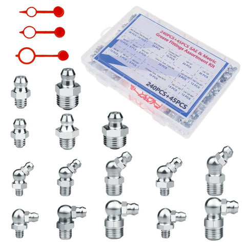 Grease Nipple Fittings Kit With Lubrication Connectors And Locking Caps For Industrial Machinery includes 15 fittings and storage box