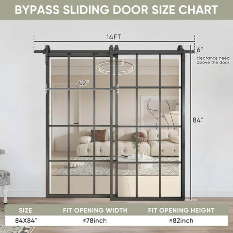 Bypass Double Glass Barn Door Kit With 84 By 84 In Clear Tempered Glass And 7.5 Ft Side Mounted Aluminum Black Frame Size Chart