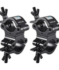Beefy Heavy Duty Swivel Truss Clamp Set 2 Pack For 2 Inch Trusses Dual Head Turn As Needed 360 Degree Lighting Clamps Fits 48 To 52mm Truss OD Aluminum Alloy 6061 Pro Grade Safety And Durability, two black aluminum 6061 truss clamps