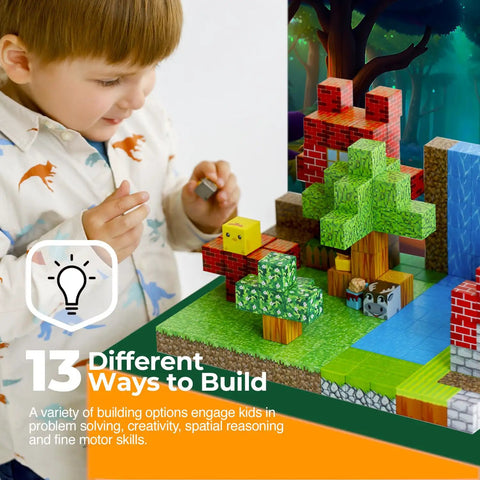 Child playing with Magnetic Blocks 128 PCS Magnetic Building Kit For Kids Ages 3 To 12 Featuring Magnet Tiles STEM Construction Toys