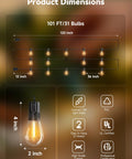 Product dimensions for 101Ft Outdoor LED String Lights Waterproof With 31 Shatterproof S14 Vintage Edison Bulbs shown with bulb details.