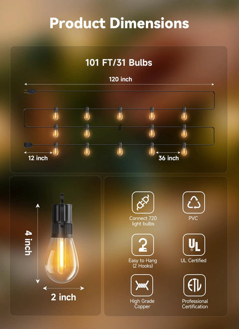 Product dimensions for 101Ft Outdoor LED String Lights Waterproof With 31 Shatterproof S14 Vintage Edison Bulbs shown with bulb details.