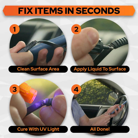 Step-by-step process of using UV Liquid Plastic Welder Kit With Light Quick Cure Bonding Glue for home repairs and jewelry.