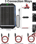 25W 12V Solar Battery Trickle Charger And Maintainer with Built In MPPT Controller showing 3 connection methods