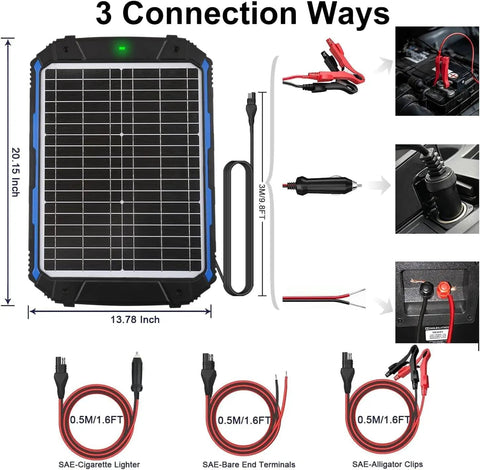 25W 12V Solar Battery Trickle Charger And Maintainer with Built In MPPT Controller showing 3 connection methods