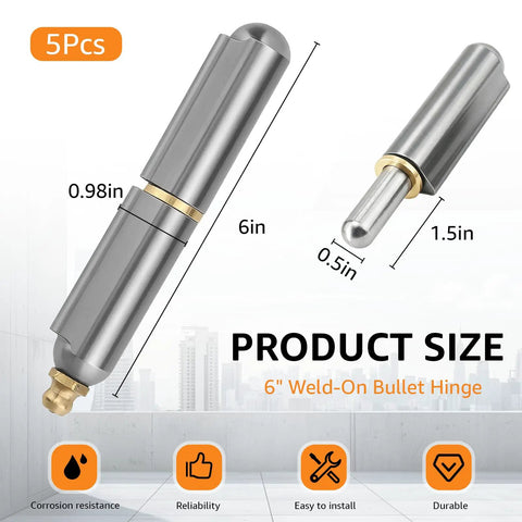 5 Pack Of 6 Inch Heavy Duty Weldable Bullet Barrel Hinges with Grease Fittings shown with dimensions and material details.