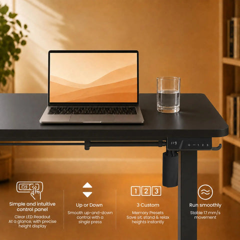 AdGiGi 40 Inch Electric Standing Desk Adjustable Height Sit Stand Workstation Compact Computer Table For Home Office Small Space Black showing control panel with laptop and glass.