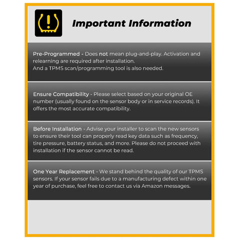 TPMS Sensors Set Of 4 Pre Programmed 433MHz Tire Pressure Sensor For RAM 1500 DT 2019 2024 Six Lug Replacement 68293199AA OBD II Relearn Required Professional Install Advised installation information graphic