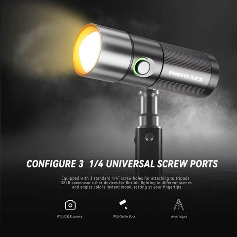 RGB Photography Light On The Go 10W Portable Fill Light With 8400mAh Battery attached to tripod showing universal screw ports.