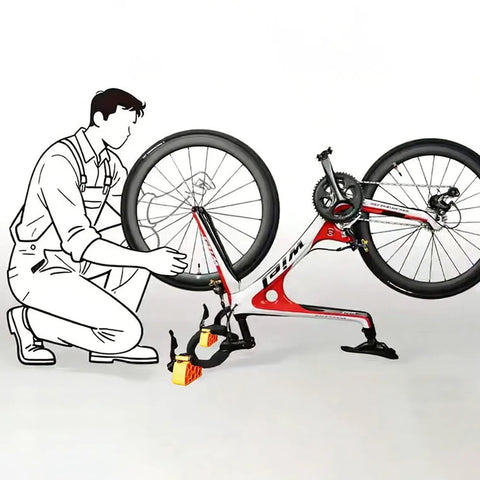 Man using Two Pack Bike Handlebar Stand Portable Repair Stand For Bicycles And EBikes Anti Tip Parking Support to stabilize bike.