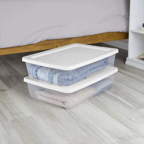 Totally Dope 28 Quart Storage Bins 2 Pack Featuring Crisp Clear View And Snug Snap Lid For Legit Closet Organization Bedroom Glow Up Or Dorm Room Must Haves In Classic White, with stacked bins holding folded blankets.