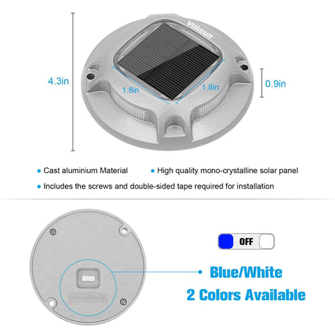 Top view of 8 Pack Solar Dock Lights White Blue Two Color Switchable For Driveways Decks Paths And Docks Waterproof Marine Grade Outdoor LED Marker Lights Saltwater Resistant showing dimensions and material details