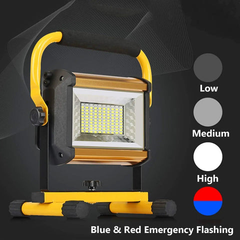 Spot Lighting Rechargeable Cordless Led Work Light Portable Floodlight with yellow handle and adjustable brightness settings.