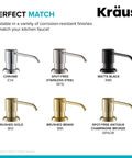 Different finishes of Kraus kitchen soap dispensers, including brushed brass, spot-free stainless steel, matte black, and more.