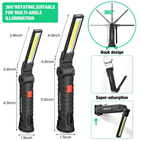 Diagram of 4 Pack LED Work Lights With COB Beams Rechargeable Flashlights Magnetic Base Hanging Hook 360 Degree Rotating Head 5 Modes Portable