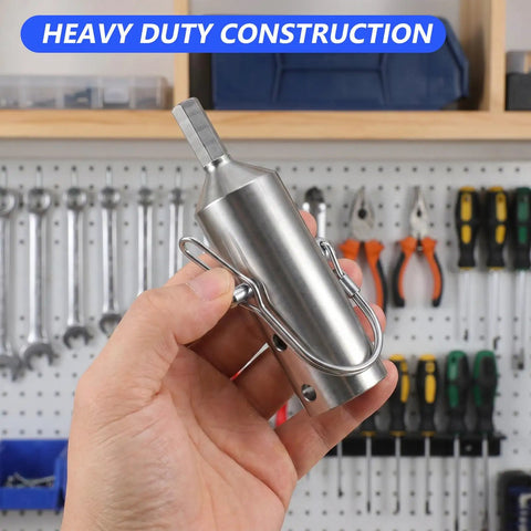 Badass Pro Utility Heavy Duty Steel RV Trailer Jack Drill Drive Shaft Adapter for seamless electric conversion held in hand.
