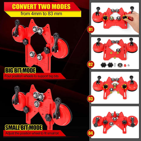 Amazon WORKEASE red diamond hole saw kit, 11‑pc tile set with double suction guide
Side view of the red WORKEASE hollow tile hole saw guide with suction cups and knobs
Close-up of suction knobs and diamond bits from the 11‑pc WORKEASE tile set
Installed view: red guide jig clamped to tile surface via suction cups for drilling