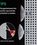 Close-up of 2 Pack Clear Aquarium Fish Tank Dividers With Heavy Duty Suction Cups Cuttable Plastic Mesh Grid, showing cutting tips and suction cup detail.