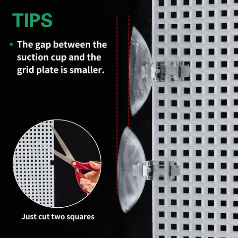Close-up of 2 Pack Clear Aquarium Fish Tank Dividers With Heavy Duty Suction Cups Cuttable Plastic Mesh Grid, showing cutting tips and suction cup detail.