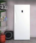 Heavy Duty Convertible Upright Fridge Freezer With Auto Defrost And Four Adjustable Shelves in garage setting with tools.