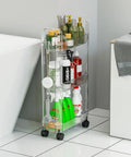 Slim Rolling Storage Cart With Wheels For Small Spaces, Clear Modern Design, Narrow Bathroom Organizer next to a bathtub.