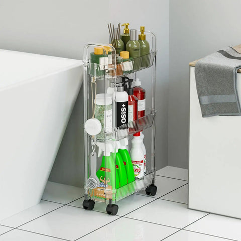 Slim Rolling Storage Cart With Wheels For Small Spaces, Clear Modern Design, Narrow Bathroom Organizer next to a bathtub.