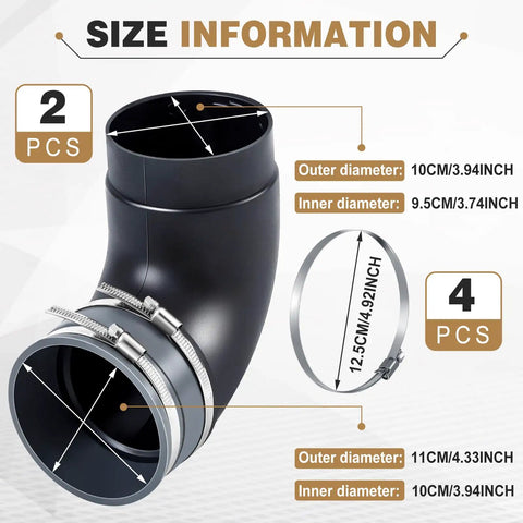 Two 4-Inch 90 Degree Elbow Dust Collection Hose Fittings Kit With Connect Elbow, Metal Clamps, And Rubber Flex Cuff Coupler For Woodworking Dust Collection System And Collector Accessories, showing dimensions and components