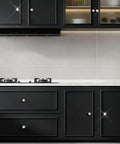 Elegant black kitchen cabinetry featuring Six Pack White Sphere Drawer Knobs Featuring Dazzling Glass Rhinestones And A Sleek Premium Silver Finish To Level Up Your Kitchen Drawers And Bedroom Vanities.