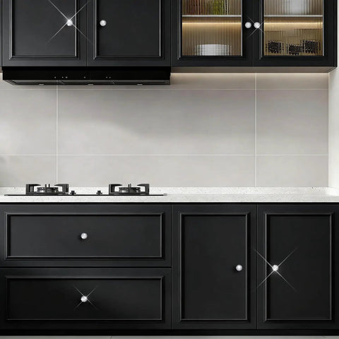 Elegant black kitchen cabinetry featuring Six Pack White Sphere Drawer Knobs Featuring Dazzling Glass Rhinestones And A Sleek Premium Silver Finish To Level Up Your Kitchen Drawers And Bedroom Vanities.