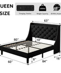 Queen Upholstered Bed Frame With 16 Inch Wingback Headboard And Built In Dual Charging Station Button Tufted Platform Base Solid Wood Slat Support No Box Spring Needed Zero Hassle Setup Black dimensions and features image.