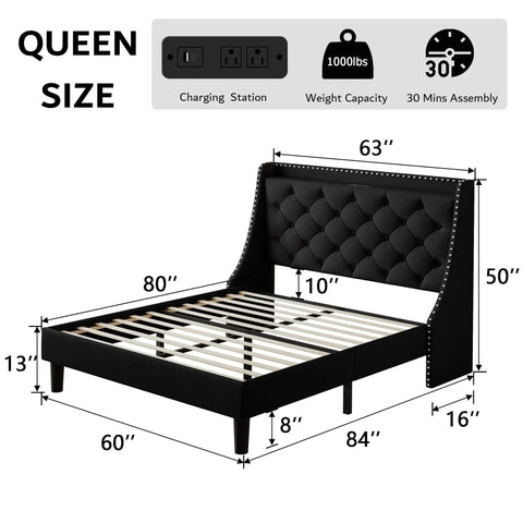 Queen Upholstered Bed Frame With 16 Inch Wingback Headboard And Built In Dual Charging Station Button Tufted Platform Base Solid Wood Slat Support No Box Spring Needed Zero Hassle Setup Black dimensions and features image.