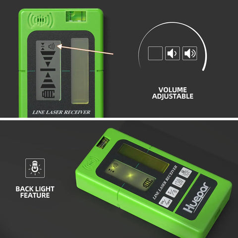 LR-5RG Laser Receiver with green case, dual back-lit LCD displays, volume control and backlight function shown in detail.